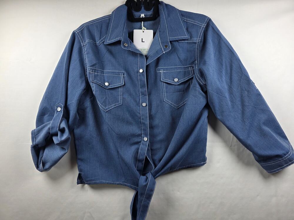 Women's Crop Modern Denim Top Tie Knot Shirt, 3/4 Sleeves, Button Front Size L